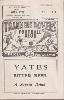 Tranmere Rovers v York City Match Programme 1960-11-30